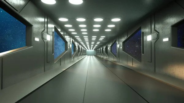 Renderização Arquitetura Futurista Corredor Scifi Nave Espacial — Fotografia de Stock