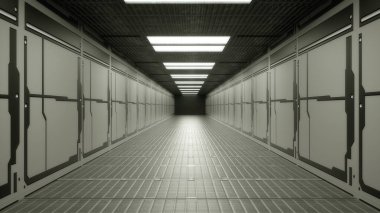 3 boyutlu görüntüleme. Gelecekçi uzay gemisi bilimkurgu koridoru mimarisi