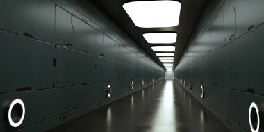 3 boyutlu görüntüleme. Gelecekçi uzay gemisi bilimkurgu koridoru mimarisi