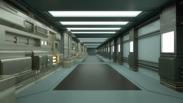 Renderowanie Futurystyczny Statek Kosmiczny Architektura Korytarza Scifi — Zdjęcie stockowe