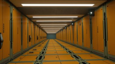 3 boyutlu görüntüleme. Gelecekçi uzay gemisi bilimkurgu koridoru mimarisi