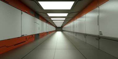 3 boyutlu görüntüleme. Gelecekçi uzay gemisi bilimkurgu koridoru mimarisi