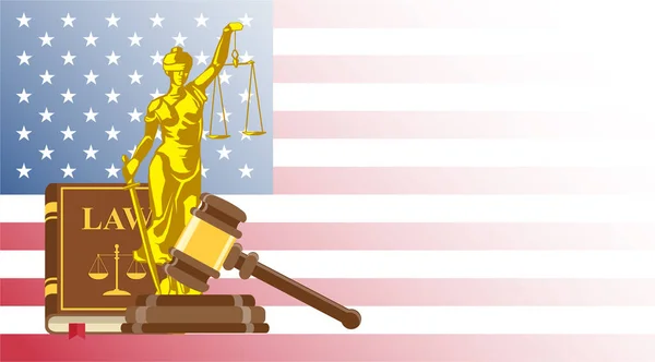 Visitenkarte für Anwalt oder Justizangestellte. Statue der Gerechtigkeit mit Richterhammer und Gesetzbuch auf uns Flagge Hintergrund — Stockvektor