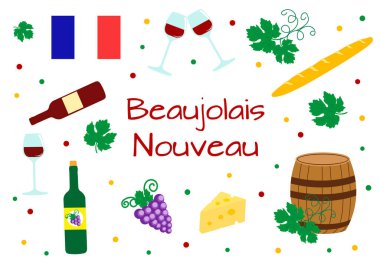 Fransa 'da Beaujolais Nouveau tarzında bir şarap partisi. Gözlüklü, şişeli, peynirli, üzümlü ve yapraklı vektör tebrik kartı deseni.
