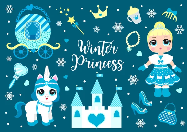 Linda princesita de invierno y su colección de ponis para mascotas. Conjunto de elementos vectoriales con una reina fría y sus accesorios, castillo y nieve. ilustración vectorial — Vector de stock