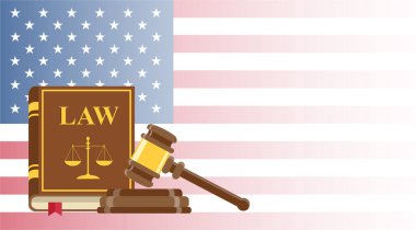 Avukat ya da adli görevli kartviziti. Hakim çekiç ve Amerikan bayrağı hakkındaki hukuk kitabı. Kavramsal pankart