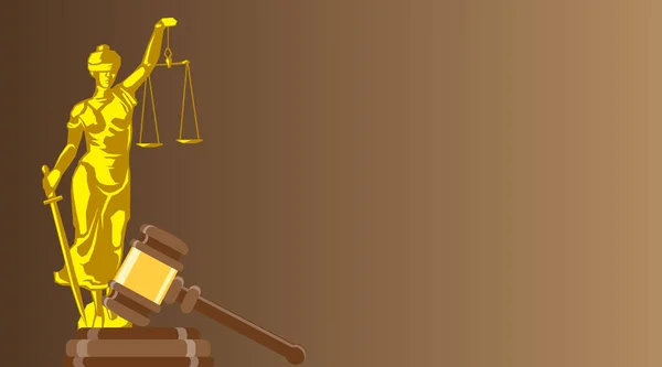 Visitenkarte für einen Anwalt oder einen Justizbeamten. Statue der Gerechtigkeit mit Richtergabel auf braunem Hintergrund — Stockvektor