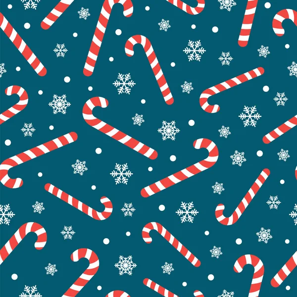 Motif sans couture avec caramel de canne à bonbons de Noël et flocons de neige, fond sans fin, texture répétitive — Image vectorielle