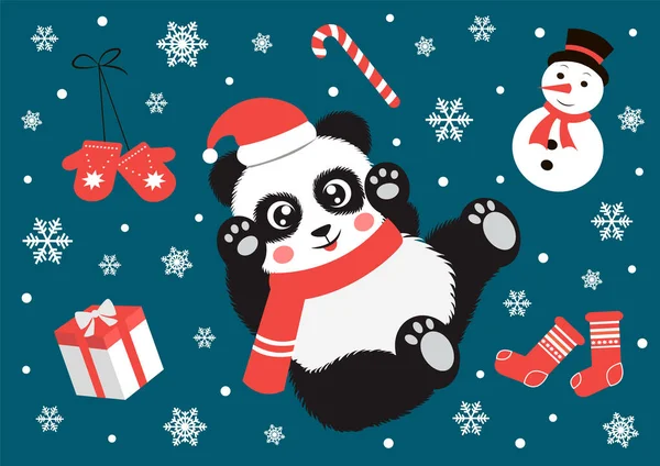 Niedliche Weihnachtskarte mit Panda, Bonbons, Schneeflocken, Schneemann, Fäustlingen und Socken. Vektorillustration — Stockvektor