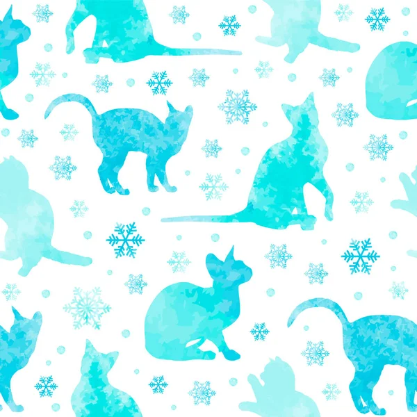 Υδατογραφία φόντο με γάτες και νιφάδες χιονιού, διάνυσμα eps 10 χαριτωμένο μοτίβο χωρίς ραφή — Διανυσματικό Αρχείο