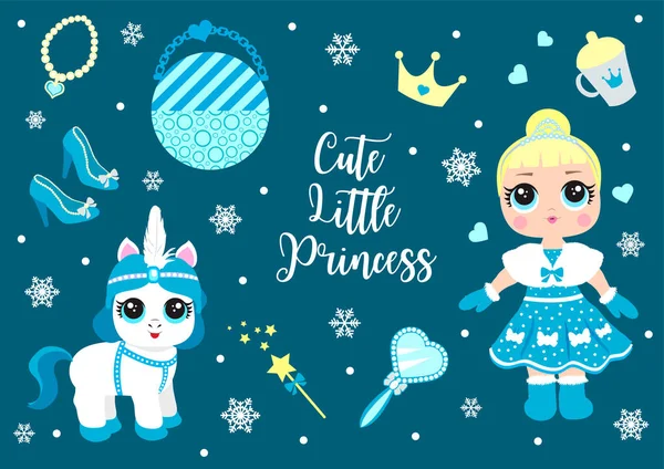 Leuke kleine winter prinses en haar huisdier pony collectie. Set van vectorelementen met een koude koningin en haar accessoires, kasteel en sneeuw. vector — Stockvector