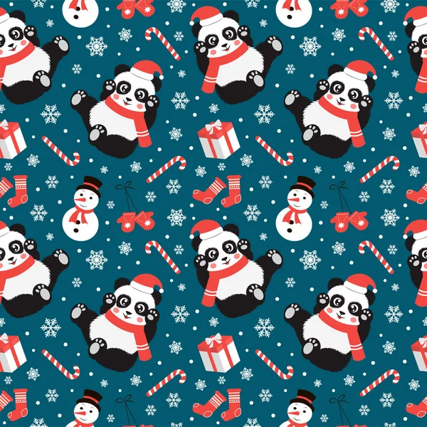 Cute Christmas bezproblemowy wzór z panda, cukierki, płatki śniegu, bałwan, rękawiczki i skarpety. Ilustracja wektora — Wektor stockowy