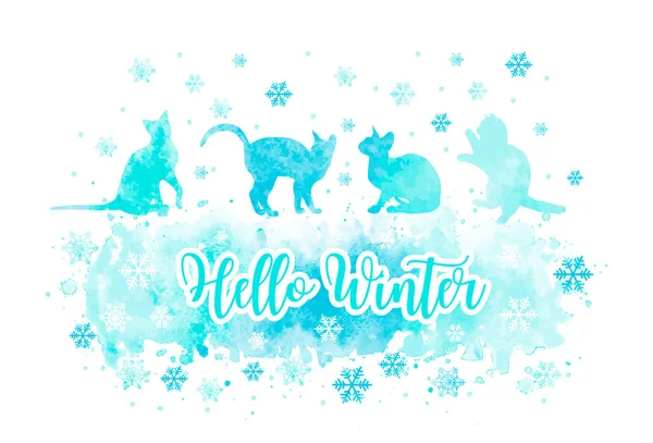 Lindo gato acuarela jugando concopos de nieve. hola inscripción de invierno en azul vector acuarela splash eps 10 — Vector de stock