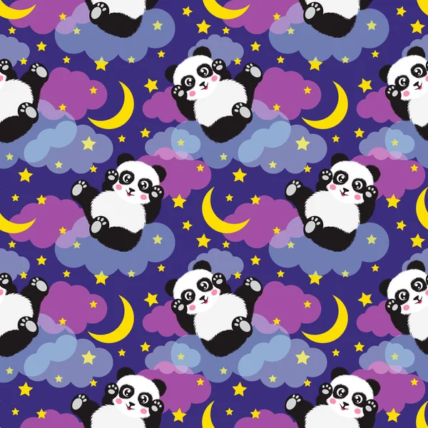 Patrón sin costuras Good Night con lindo oso panda, luna, estrellas y nubes. Dulces sueños fondo . — Vector de stock