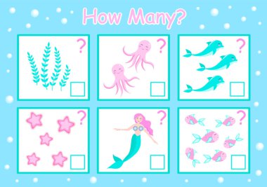 Çocukların eğitici mantık oyunu. Matematiksel görev. Denizkızı ve denizaltı dünyası. Kaç tane? Vektör illüstrasyonu
