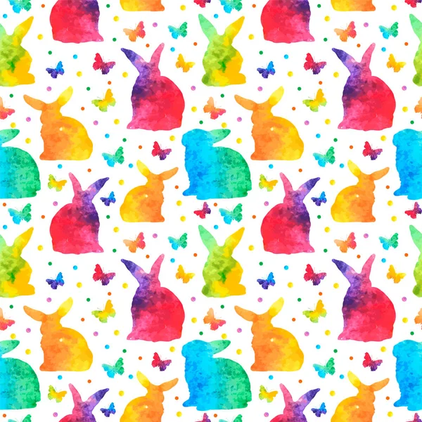 Padrão Sem Costura Aquarela Colorido Com Coelhos Bonitos Borboletas Isoladas — Vetor de Stock