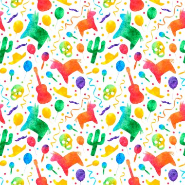 Cinco de Mayo suluboya gökkuşağı vektörü, sombrero, balon, pinata, konfeti ve marakas desenli. vektör illüstrasyonu