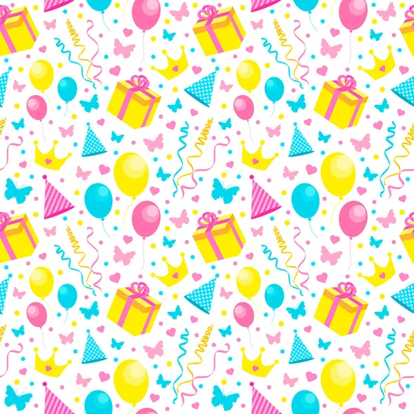 Happy Birthday Seamless Pattern Gifts Balloons Confetti Hearts Endless Background — Stock Vector