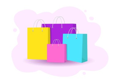 Çok renkli alışveriş torbaları. Satın alınıp taşınacak paketler. vektör