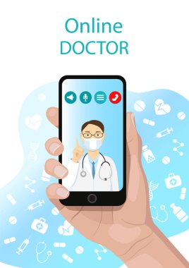 Gezici tıp, online doktor konsültasyonu. Tıbbi uygulamalı akıllı telefonu elinde tut. Web afişleri ve web siteleri için modern düz tasarım vektör grafik konsepti. vektör