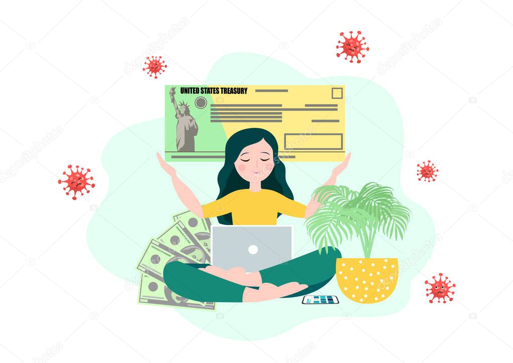 Young woman recieve a stimulus bill check during coronavirus quarantine period in USA. Stimulus relief program vector