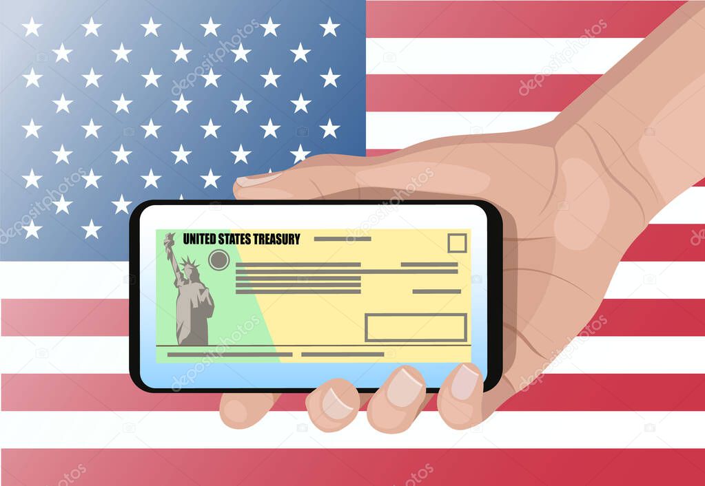 Individual checks in display of modern smartphone in hand on american flag. Financial incentive bill. vector