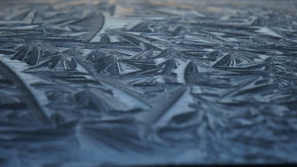 Closeup Ice Frost Pattern Black Car Roof Winter — Stock Photo, Image