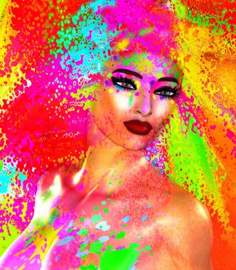 3d render güzel kadın yüzü. Modern portre renkli makyaj ve arka plan oluşturun. 