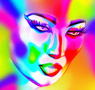 3d render güzel kadın yüzü. Modern portre renkli makyaj ve arka plan oluşturun. 