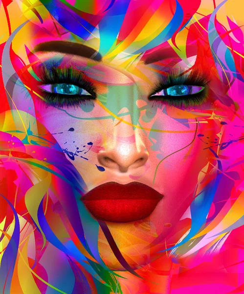 Gezicht van mooie vrouw in 3d render. Kleurrijke make-up en abstracte achtergrond maken moderne portret. — Stockfoto