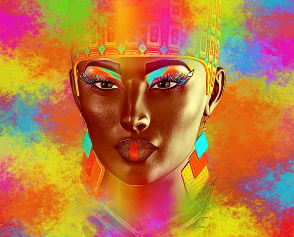 Face of beautiful woman in 3d render. Colorful makeup and abstract background create modern portrait. — Stock Photo, Image