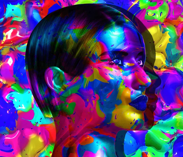 Face of beautiful woman in 3d render. Colorful makeup and abstract background create modern portrait.