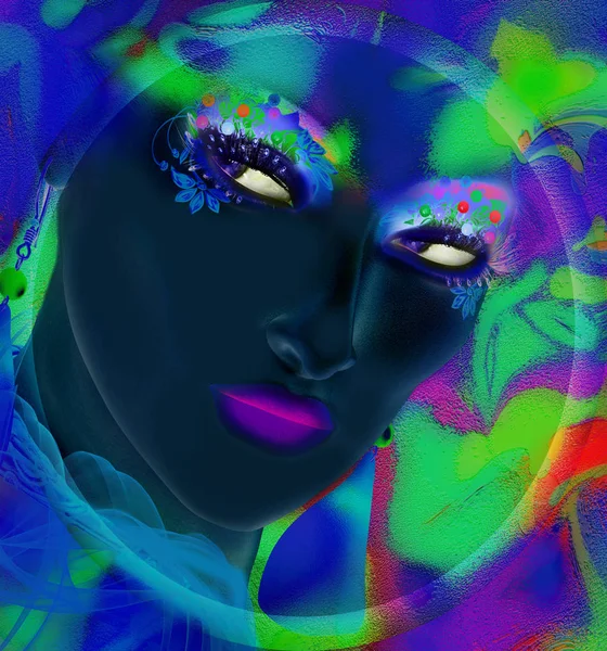 Ansikte av vacker kvinna i 3d render. Färgglad makeup och abstrakt bakgrund skapa moderna porträtt. — Stockfoto