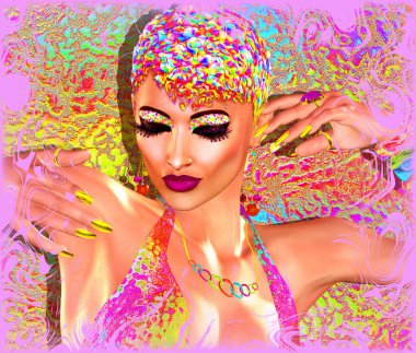 Bir kadının yüzüne renkli pop art resim. Bu bir kadının yüzüne pop sanat tarzı yakından dijital sanat görüntüsüdür.