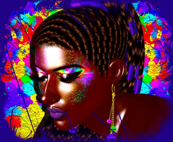 Bir kadının yüzüne renkli pop art resim. Bu bir kadının yüzüne pop sanat tarzı yakından dijital sanat görüntüsüdür.