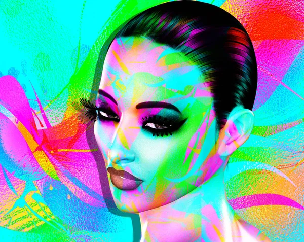 Kleurrijke pop art afbeelding van een vrouw gezicht. Dit is een digitale kunst beeld van een close-up vrouw gezicht in pop-art stijl. — Stockfoto