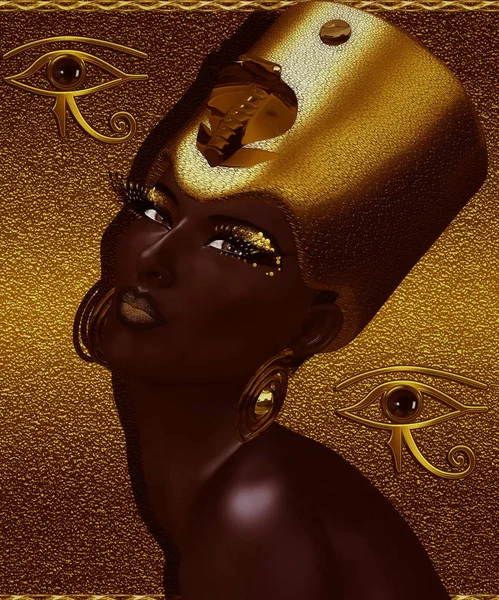 Zwarte Egyptische koningin, mooi gezicht, gouden glitter achtergrond. Rechtenvrije Stockfoto's