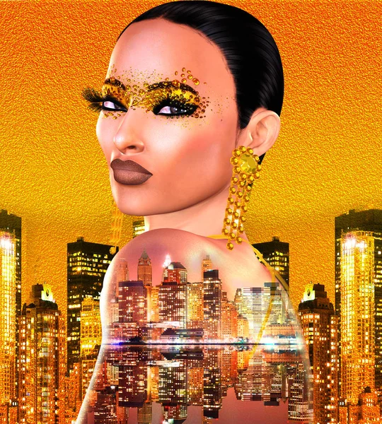 Stadsgezicht met close up van mooie vrouw gezicht en gouden folie cosmetica met bijpassende gouden achtergrond. 3D render kunst. Rechtenvrije Stockafbeeldingen