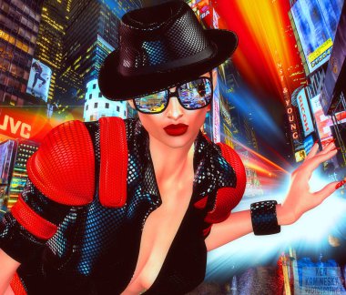 Gece hayatı, şapka ve tonları üzerinde dijital sanat parti kızı bir şehirde yüzü yakından.