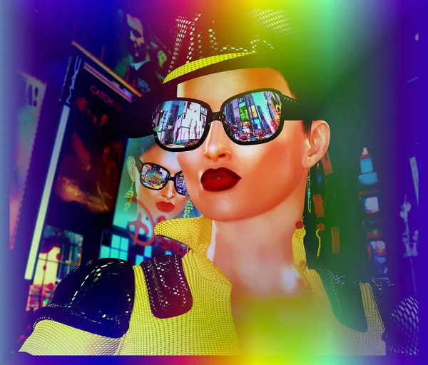 Uteliv, närbild ansikte av digital konst part flicka med hatt och nyanser på i en stad. — Stockfoto