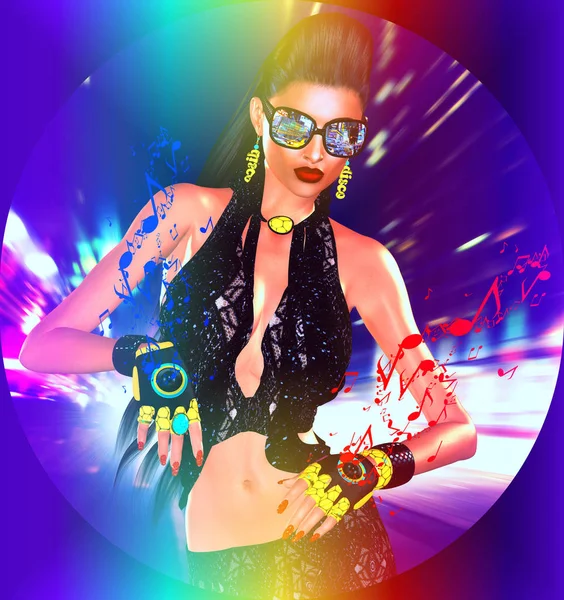 Nightlife girl posing on city street with motion blur, music speaker gloves, shades and ready for fun. — Stock Photo, Image