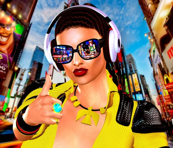 Nightlife girl posing on city street with thumbs up, music headphones, shades and ready for fun. — Stock Photo, Image