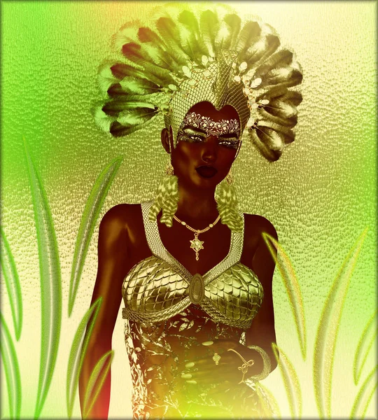Karnaval dansçı kadın yeşil tüyleri ve headdress — Stok fotoğraf