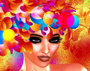 Bir kadının yüzüne renkli pop art resim. Bu bir kadının yüzüne bir dijital sanat görüntüdür pop sanat tarzı yakın.