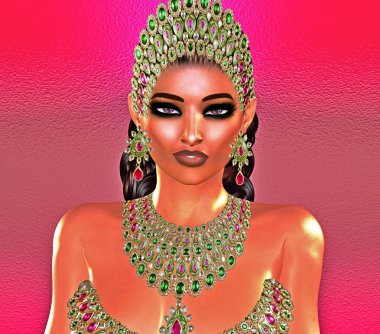 Bu güzel kadının bizim benzersiz, modern 3d dijital sanat tarzı geliştirmek için Jewls, boncuk, zümrüt ve elmas birleştirir.