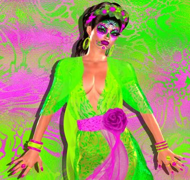 Şeker kafatası makyaj La Santa Muerte, renkli çiçek Meksika maskesi, Ölüler Günü'ile seksi kadın.