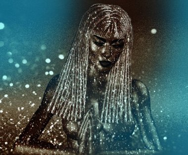 Mavi glitter bokeh ve pırıltılar bu güzel manevi tanrıça için soyut bir etki yaratmak 