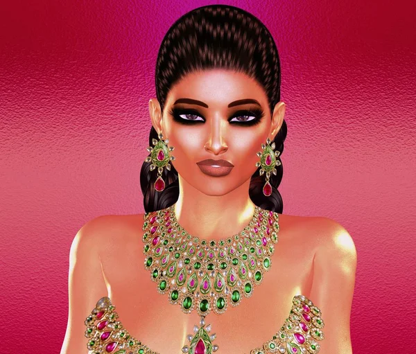 Jewls, beads, emeralds, diamonds and more combine to enhance this beautiful woman in our unique, modern 3d digital art style. — Stock Photo, Image