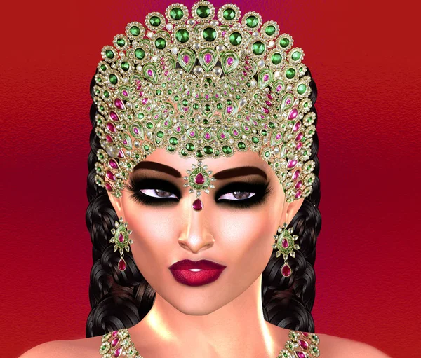 Jewls, beads, emeralds, diamonds and more combine to enhance this beautiful woman in our unique, modern 3d digital art style. — Stock Photo, Image