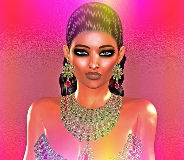 Jewls, beads, emeralds, diamonds and more combine to enhance this beautiful woman in our unique, modern 3d digital art style. — Stock Photo, Image